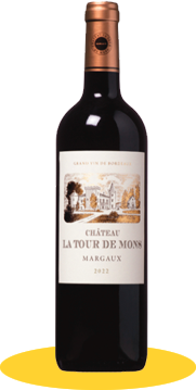 CH LA TOUR DE MONSCuvée : -Appellation :MargauxMillésime :2022Couleur :RougeCépage :57% Merl. 36% C. Sau. 4% Petit Verdot 3% C. FrancLabel :HVEDégustation :Equilibré et soyeux.